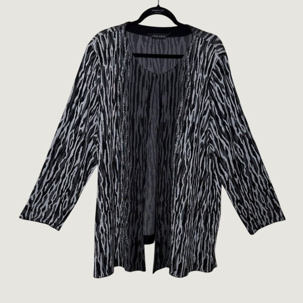 Ming Wang 3X Cardigan Sweater Knit Duster Jacket Open Front Abstract Luxury